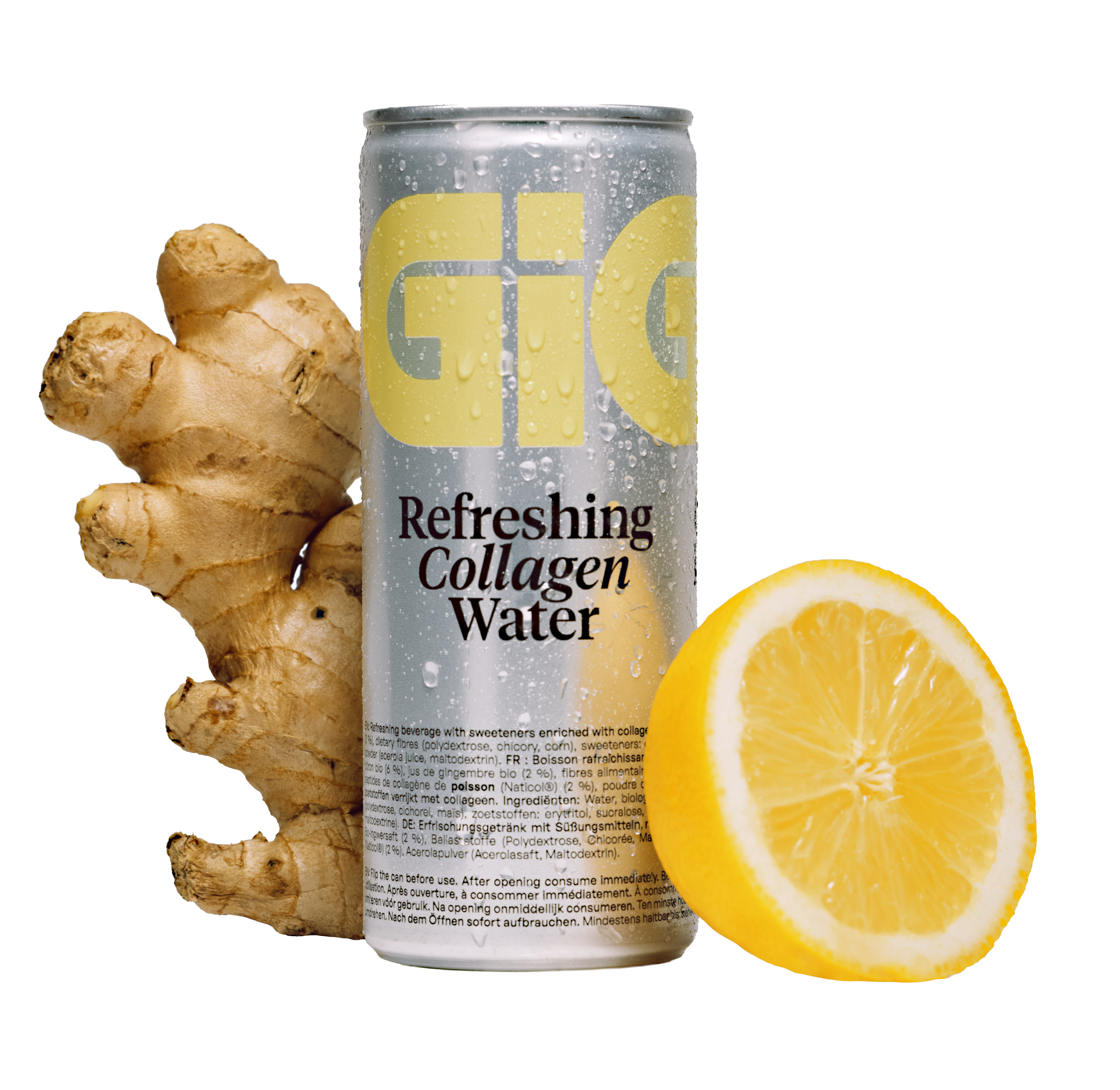 GIGA sparkling collagen drink can with ginger and lemon flavor shown with a fresh lemon slice