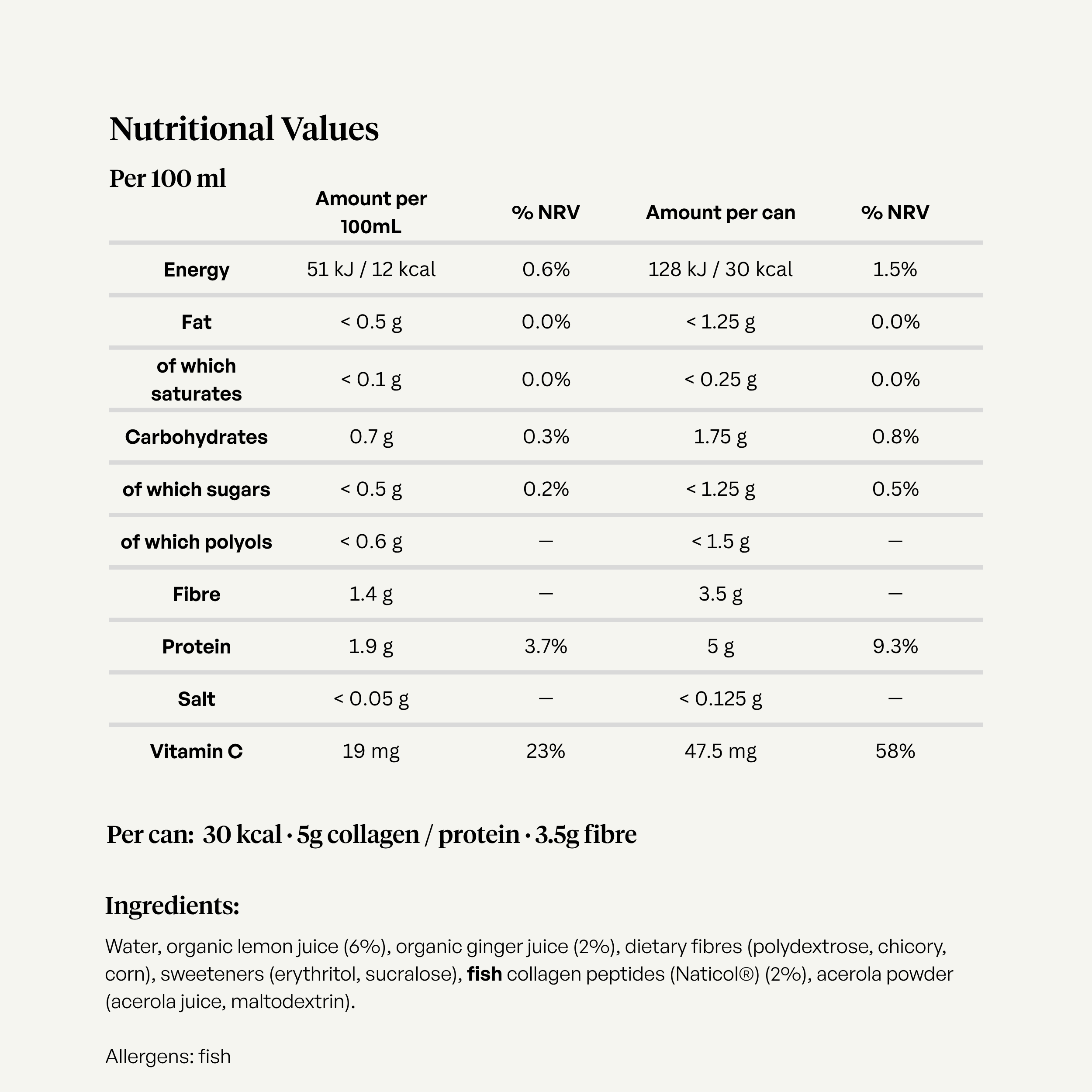Nutritional information table for GIGA sparkling collagen drink showing ingredients including marine collagen and vitamin C