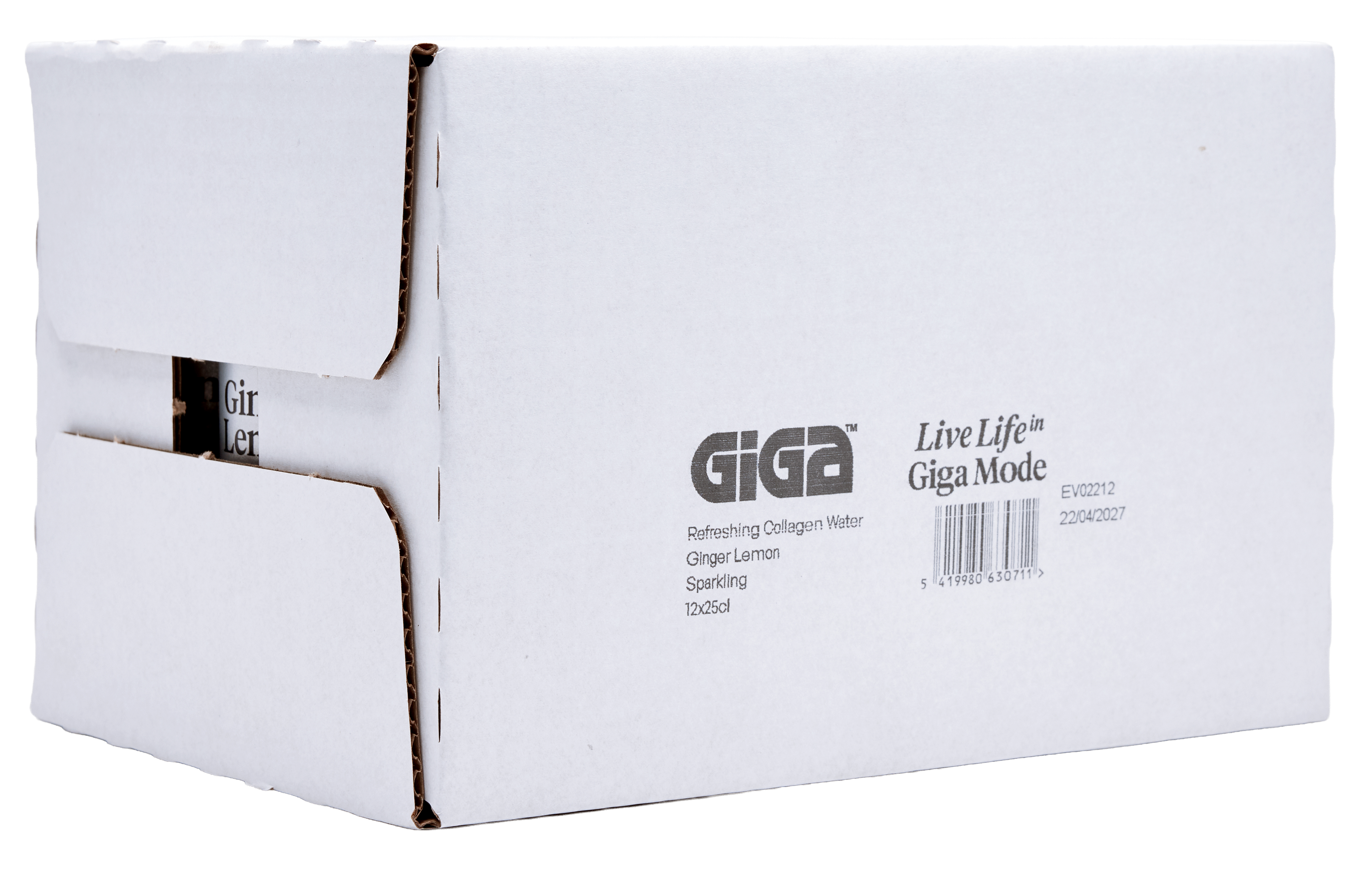 White packaging box for GIGA sparkling collagen drink with clean minimal design