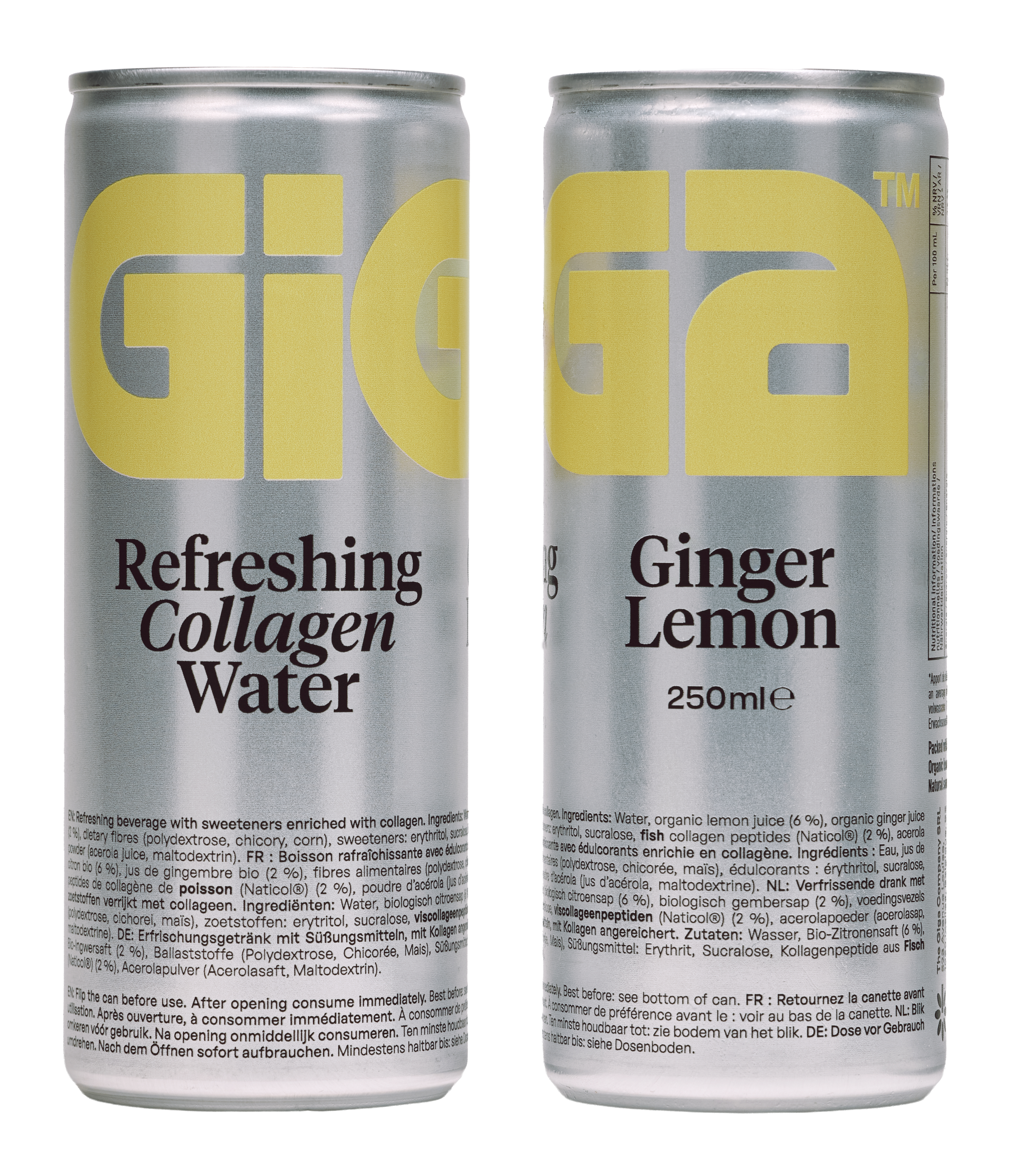 GIGA sparkling collagen drink cans front and back view showing ginger lemon flavor and packaging design